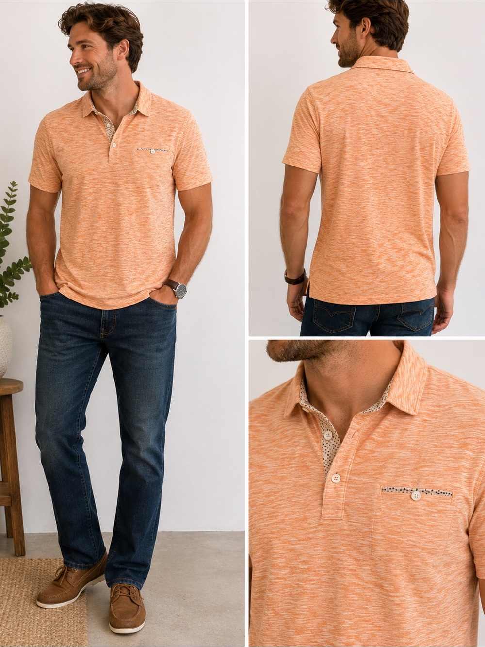 Thomas Dean Men’s Orange Slub Cotton Polo Shirt Short Sleeve Size L